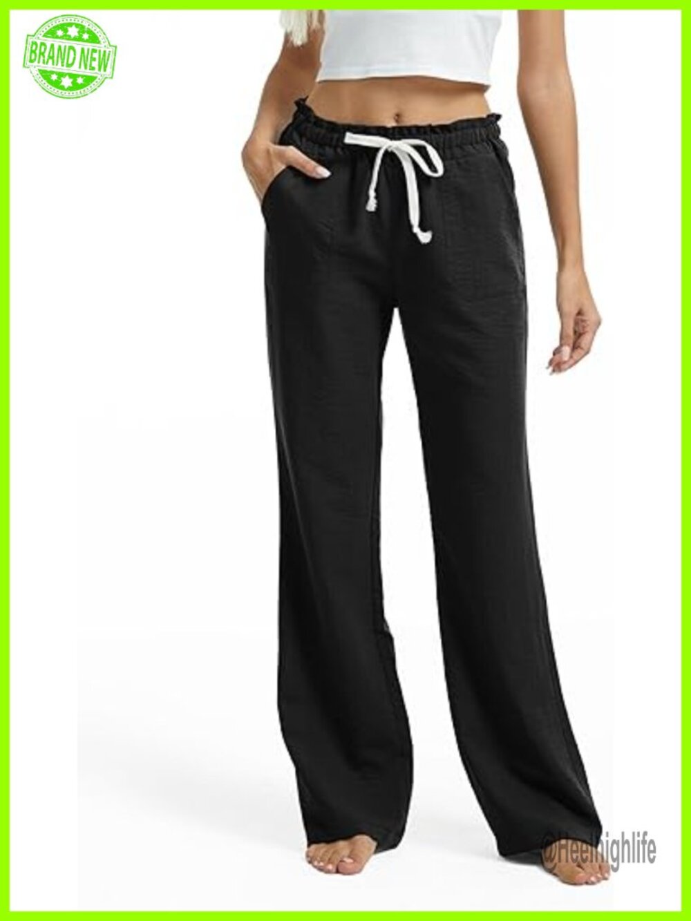 Tall Women Linen Pants with Pockets Smocked Waist Beach Trousers